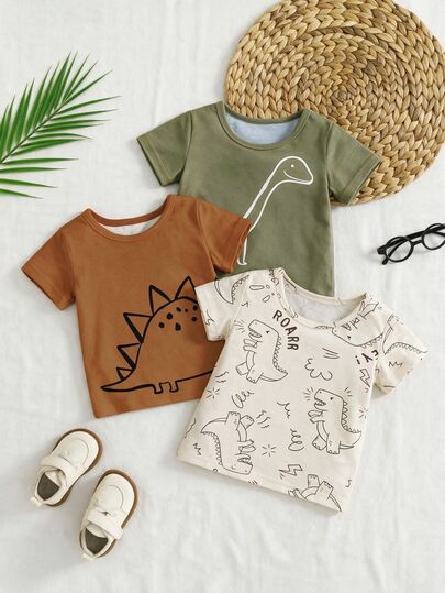 SHEIN Playful Pals Set 3 pcs Kaos Lengan Pendek Rajut Motif Dinosaurus untuk Bayi Laki-laki, Musim Semi/Panas