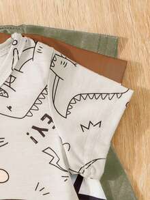 SHEIN Playful Pals 3pcs Baby Boy Dinosaur Pattern Knitted Short Sleeve T-Shirt Set, Spring/Summer - Brown - View 4