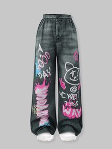 SHEIN ChillGRL 青少年女孩塗鴉字母卡通熊印花直筒長褲 秋季 - 黑色 - 查看 3