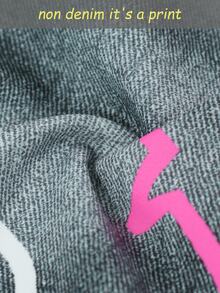 SHEIN ChillGRL 青少年女孩塗鴉字母卡通熊印花直筒長褲 秋季 - 黑色 - 查看 10