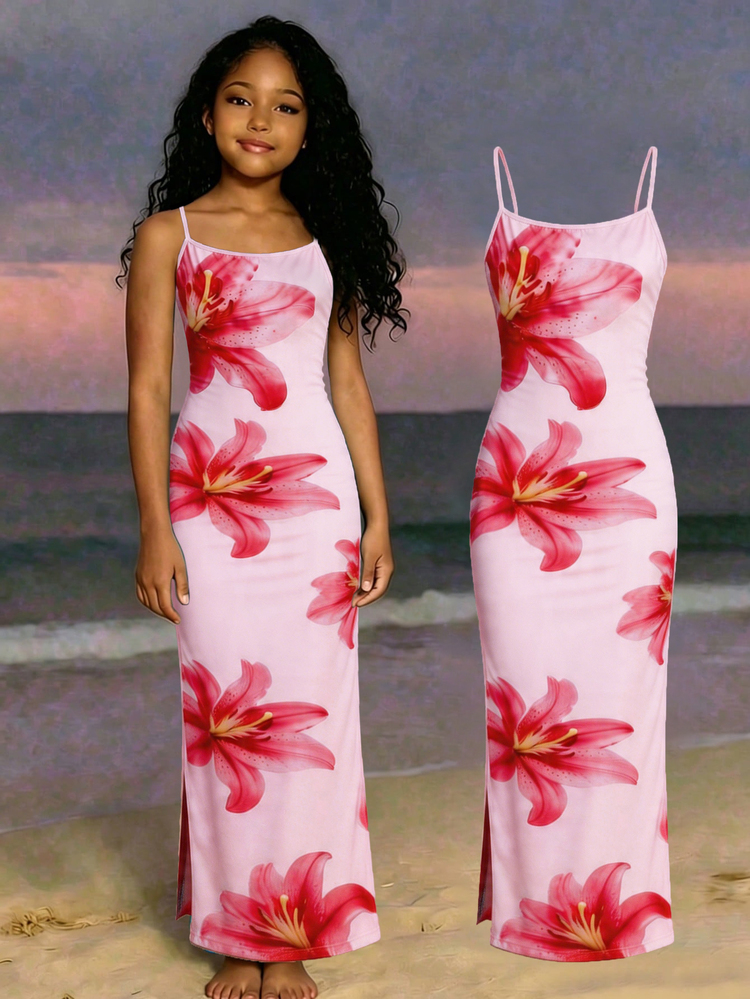 Tween Girls Waist 1pc Tween Girl Tropical Floral Print Fitted Camisole Mini Dress, Vacation, Outfit - Multicolor - View 3