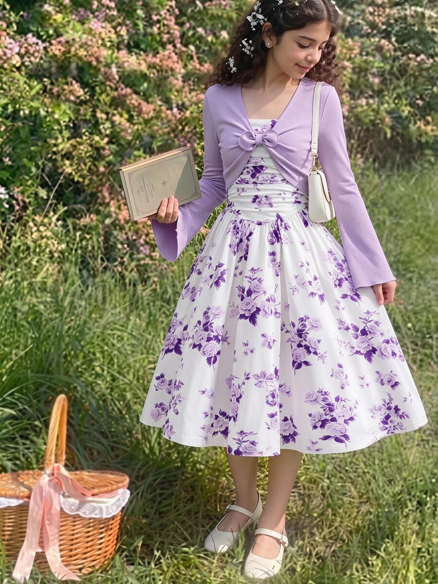 SHEIN Sparklyn 少女可愛優雅鄉村風高級感連衣裙套裝，附夾克披肩，薰衣草紫色紋理針織高彈力蝴蝶結修身洋裝