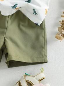 Souflis Souflis Baby Boy Dinosaur Print Color Block Short Sleeve Top And Shorts Casual Daily Outfit - Army Green - View 6