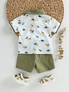 Souflis Souflis Baby Boy Dinosaur Print Color Block Short Sleeve Top And Shorts Casual Daily Outfit - Army Green - View 4
