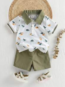 Souflis Souflis Baby Boy Dinosaur Print Color Block Short Sleeve Top And Shorts Casual Daily Outfit - Army Green - View 10