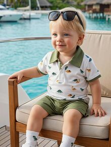 Souflis Souflis Baby Boy Dinosaur Print Color Block Short Sleeve Top And Shorts Casual Daily Outfit - Army Green - View 3