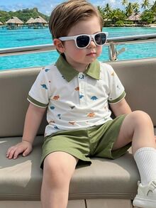 Souflis Souflis Baby Boy Dinosaur Print Color Block Short Sleeve Top And Shorts Casual Daily Outfit - Army Green - View 2