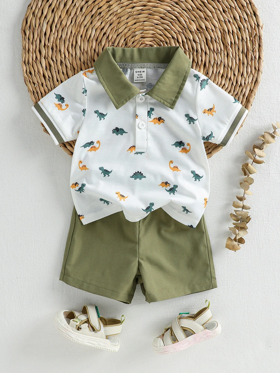 Souflis Souflis Baby Boy Dinosaur Print Color Block Short Sleeve Top And Shorts Casual Daily Outfit - Army Green - View 1