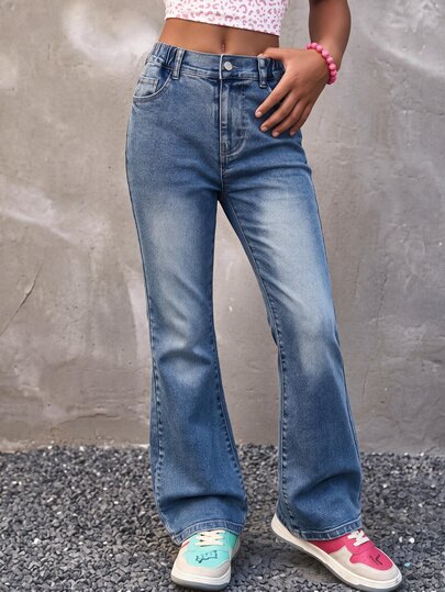 Genkimix Kids Girls' Retro Y2K Distressed Denim Jeans, Featuring Vintage Light Blue Wash, White Butterfly Embroidered Back Pockets, And Flared Leg Silhouette. Made Of Soft, Stretchy Cotton Denim Fabric, Suitable For Everyday Wear, Commuting, Parties, And Music Festivals In Spring And Summer.