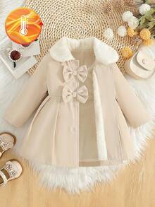 SHEIN Baby Girls' Faux Fur Collar Bow Decor Trench Coat, White, Autumn/Winter Cute - Apricot - View 10