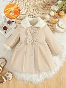 SHEIN Baby Girls' Faux Fur Collar Bow Decor Trench Coat, White, Autumn/Winter Cute - Apricot - View 5
