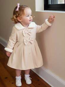 SHEIN Baby Girls' Faux Fur Collar Bow Decor Trench Coat, White, Autumn/Winter Cute - Apricot - View 3