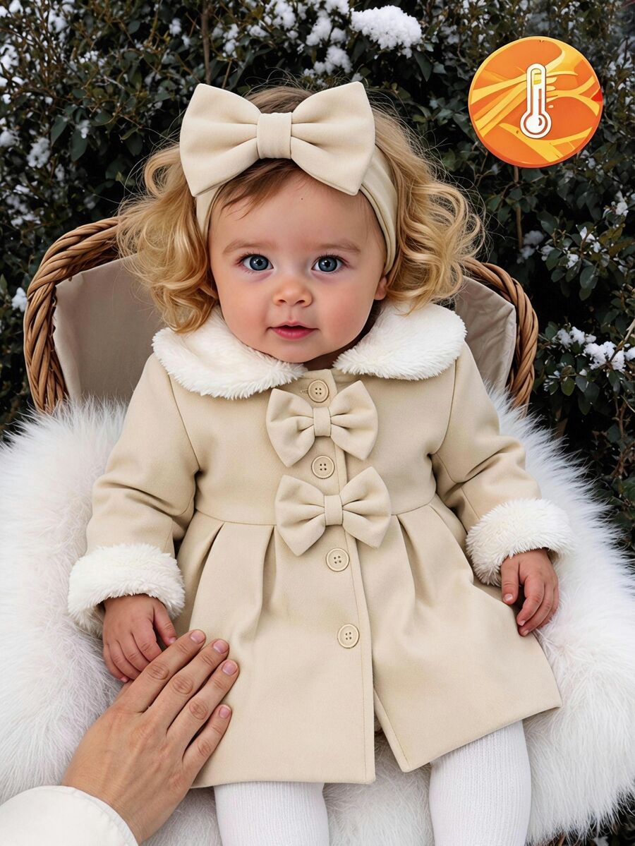 SHEIN Baby Girls' Faux Fur Collar Bow Decor Trench Coat, White, Autumn/Winter Cute - Apricot - View 1