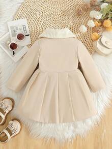SHEIN Baby Girls' Faux Fur Collar Bow Decor Trench Coat, White, Autumn/Winter Cute - Apricot - View 4