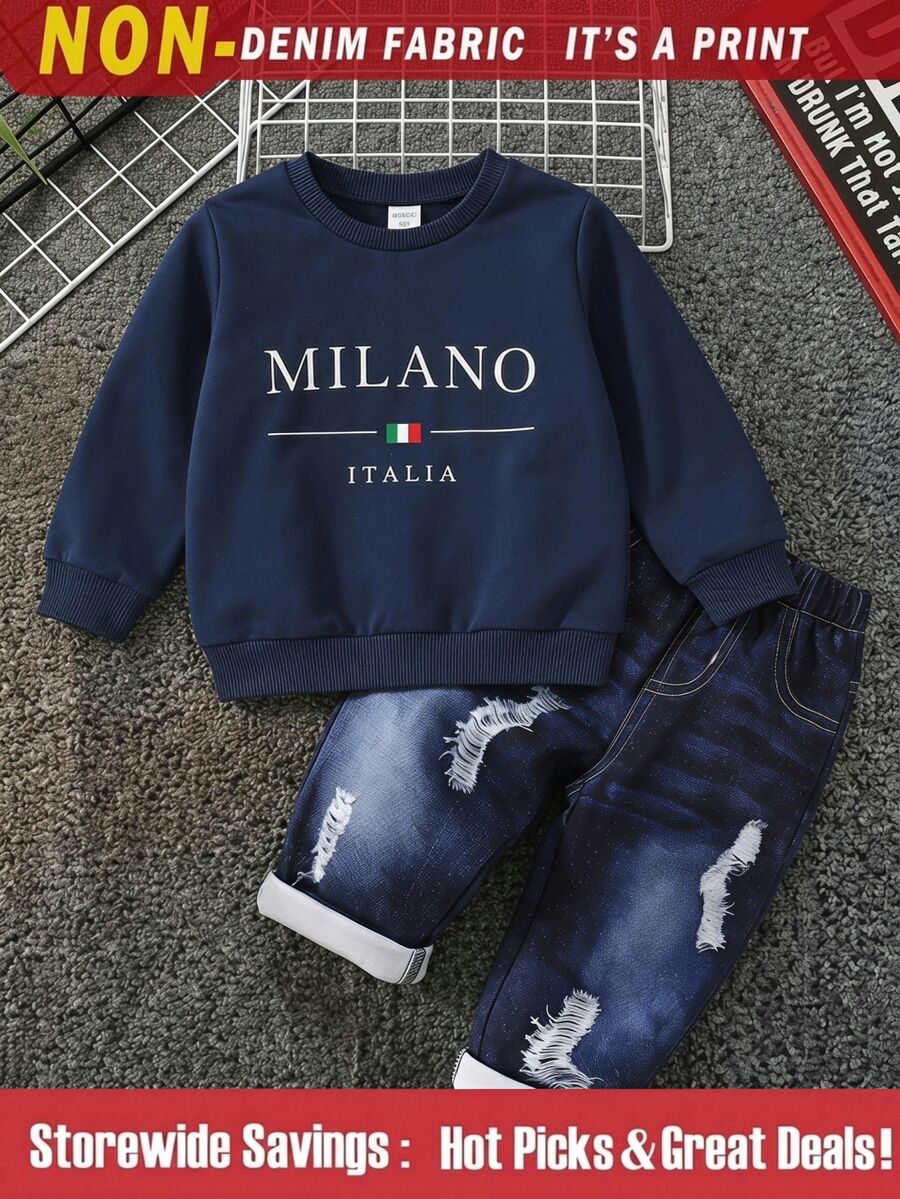 SHEIN 2pcs/Set Baby Boy/Girl Navy Blue Baby Blue Autumn Casual Modest Matching Family Back-To-School Graduation Birthday Ring Bearer Toddler Sweatshirt