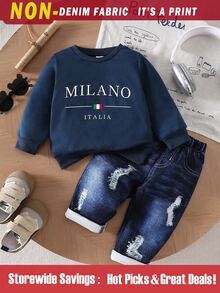 SHEIN 2pcs/Set Baby Boy/Girl Navy Blue Baby Blue Autumn Casual Modest Matching Family Back-To-School Graduation Birthday Ring Bearer Toddler Sweatshirt - Blue - View 10
