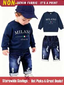 SHEIN 2pcs/Set Baby Boy/Girl Navy Blue Baby Blue Autumn Casual Modest Matching Family Back-To-School Graduation Birthday Ring Bearer Toddler Sweatshirt - Blue - View 6