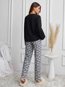 SHEIN Cottnline Black Bow Print Pocket Top & Matching Pants Casual Pajama Set - Black and White - View 2