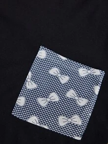 SHEIN Cottnline Black Bow Print Pocket Top & Matching Pants Casual Pajama Set - Black and White - View 6
