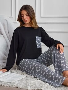 SHEIN Cottnline Black Bow Print Pocket Top & Matching Pants Casual Pajama Set - Black and White - View 5