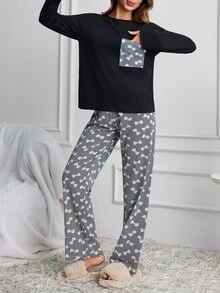 SHEIN Cottnline Black Bow Print Pocket Top & Matching Pants Casual Pajama Set - Black and White - View 4
