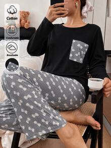 SHEIN Cottnline Black Bow Print Pocket Top & Matching Pants Casual Pajama Set - Black and White - View 3