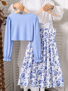 SHEIN Sparklyn 2件組 青少年女孩 春/秋休閒羅紋針織蝴蝶結裝飾開襟上衣與印花細肩帶簡約洋裝 - 藍色 - 查看 4