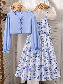 SHEIN Sparklyn 2件組 青少年女孩 春/秋休閒羅紋針織蝴蝶結裝飾開襟上衣與印花細肩帶簡約洋裝 - 藍色 - 查看 9