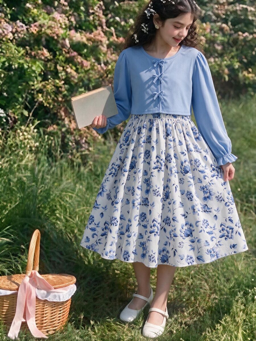 SHEIN Sparklyn 2pcs/Set Tween Girl Spring/Autumn Casual Rib-Knit Bow Decor Cardigan Top And Printed Camisole Simple Dress - Blue - View 1