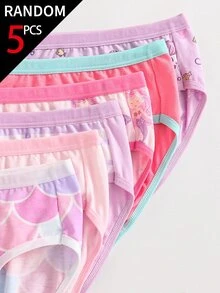SHEIN 【5件組隨機】女童純棉內褲，柔軟四季穿著，可愛奶牛美人魚印花，粉色紫色白色，冬季周歲生日適用 - 彩色 - 查看 5