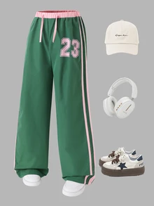 SHEIN Tween Girls Wide Leg Straight Light Green Autumn Athletic Uniform School Back-To-School Numeric Print Loose Fit Sports Casual Pants Color Block - Green - View 5