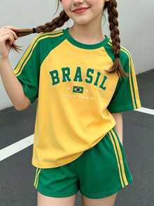 Tween Girls 2pcs/Set Brazilian Style Sports Set, One Set Solves Summer Outfits! Top + Shorts No Need To Worry About Matching. Knitted Fabric - Green - View 3