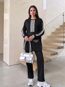 Solavon 女款百搭休閒黑色長袖上衣與長褲套裝，字母印花織帶裝飾 - 黑色 - 查看 4