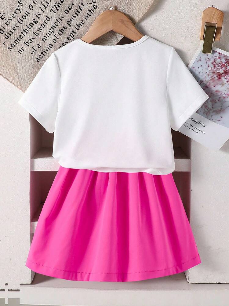 SHEIN 2Pcs/Set Young Girl Y2K Style Cute Bowknot Crew Neck Short Sleeve Crop Top + Solid Color Mini Pleated Skirt Set - Pink - View 4