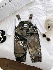 男婴休闲字母迷彩印花牛仔背带裤 - 軍綠色 - 查看 1