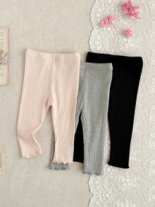 SHEIN Vintaside Kids 3件組女嬰休閒寬鬆羅紋波浪下擺鬆緊腰內搭褲 6個月-3歲 秋季校園居家褲 粉色 黑色 灰色 杏色 - 彩色 - 查看 9