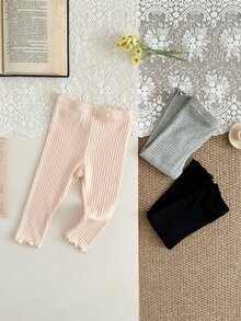 SHEIN Vintaside Kids 3件組女嬰休閒寬鬆羅紋波浪下擺鬆緊腰內搭褲 6個月-3歲 秋季校園居家褲 粉色 黑色 灰色 杏色 - 彩色 - 查看 6