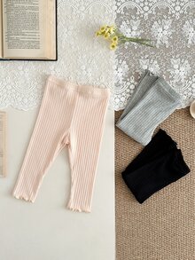 SHEIN Vintaside Kids 3件組女嬰休閒寬鬆羅紋波浪下擺鬆緊腰內搭褲 6個月-3歲 秋季校園居家褲 粉色 黑色 灰色 杏色 - 彩色 - 查看 11