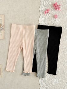 SHEIN Vintaside Kids 3件組女嬰休閒寬鬆羅紋波浪下擺鬆緊腰內搭褲 6個月-3歲 秋季校園居家褲 粉色 黑色 灰色 杏色 - 彩色 - 查看 8