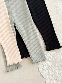 SHEIN Vintaside Kids 3件組女嬰休閒寬鬆羅紋波浪下擺鬆緊腰內搭褲 6個月-3歲 秋季校園居家褲 粉色 黑色 灰色 杏色 - 彩色 - 查看 7