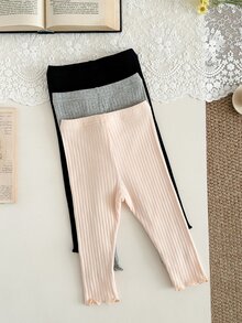 SHEIN Vintaside Kids 3件組女嬰休閒寬鬆羅紋波浪下擺鬆緊腰內搭褲 6個月-3歲 秋季校園居家褲 粉色 黑色 灰色 杏色 - 彩色 - 查看 10