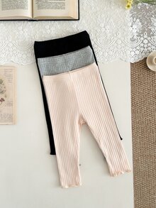 SHEIN Vintaside Kids 3件組女嬰休閒寬鬆羅紋波浪下擺鬆緊腰內搭褲 6個月-3歲 秋季校園居家褲 粉色 黑色 灰色 杏色 - 彩色 - 查看 4