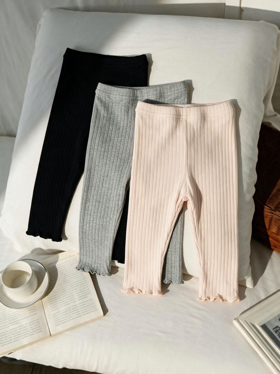 SHEIN Vintaside Kids 3件組女嬰休閒寬鬆羅紋波浪下擺鬆緊腰內搭褲 6個月-3歲 秋季校園居家褲 粉色 黑色 灰色 杏色