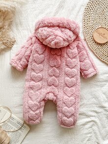 SHEIN Vintaside Kids 新生兒簡約時尚可愛波點長袖連帽抓絨連身衣居家服 秋季 - 粉色 - 查看 5