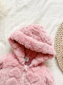 SHEIN Vintaside Kids 新生兒簡約時尚可愛波點長袖連帽抓絨連身衣居家服 秋季 - 粉色 - 查看 11