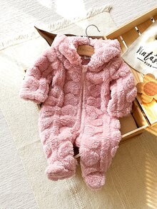 SHEIN Vintaside Kids 新生兒簡約時尚可愛波點長袖連帽抓絨連身衣居家服 秋季 - 粉色 - 查看 9