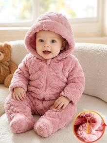 SHEIN Vintaside Kids 新生兒簡約時尚可愛波點長袖連帽抓絨連身衣居家服 秋季 - 粉色 - 查看 3