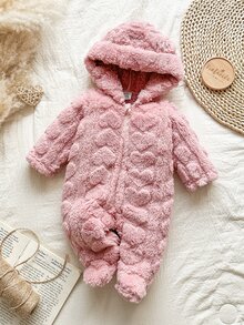 SHEIN Vintaside Kids 新生兒簡約時尚可愛波點長袖連帽抓絨連身衣居家服 秋季 - 粉色 - 查看 8