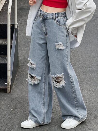 Tween Girls Aqua Blue Distressed Loose Waist Jeans,Back-To-School Y2K Streetwear For School&Autumn,Light Washed Soft Comfortable Versatile Denim Pants