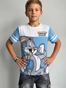 LOONEY TUNES X SHEIN GraphicGems 男童短袖T恤，蓝色卡通兔子拼接印花，适合大童夏季穿着 - 藍色 - 查看 2